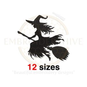 Witch silhouette embroidery design in 12 sizes, ideal for Halloween projects. Includes various file formats for machine embroidery.