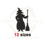 Witch with broom silhouette embroidery design in 12 sizes, perfect for Halloween-themed projects, available as a machine embroidery design.