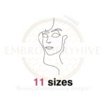 Woman face embroidery design in 11 sizes, featuring sketch-style details for a delicate, artistic look.