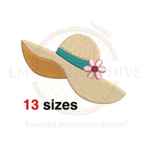 Stylish woman's hat embroidery design in filled stitch, available in 13 sizes for machine embroidery projects.