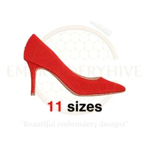 High heel shoe silhouette embroidery design in 11 sizes for stiletto-themed projects, available in various machine formats.