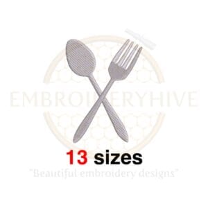 Embroidery design of fork and spoon silhouette, available in 13 sizes from 1.5 to 7.5 inches.