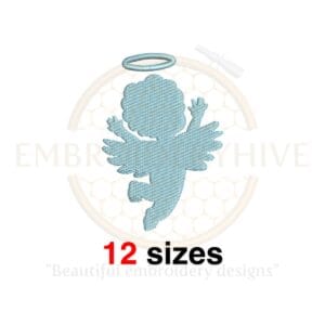 Embroidery design of a baby boy angel with wings, available in 12 sizes ranging from 2 to 7.5 inches.