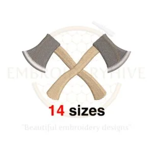 Axe silhouette embroidery design, perfect for lumberjack themes, available in 14 sizes for machine embroidery.