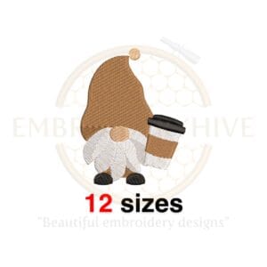 Coffee Gnome Embroidery Design - 12 Sizes from 2 to 7.5 Inches - Machine Embroidery for Coffee Lovers