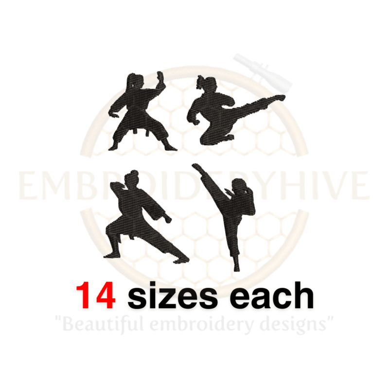 Female Martial Artist Embroidery Design Set of 4 - Silhouettes in 14 Sizes for Machine Embroidery