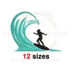 Female surfer silhouette machine embroidery design, available in 12 sizes from 2 to 7.5 inches, perfect for surfing-themed projects.