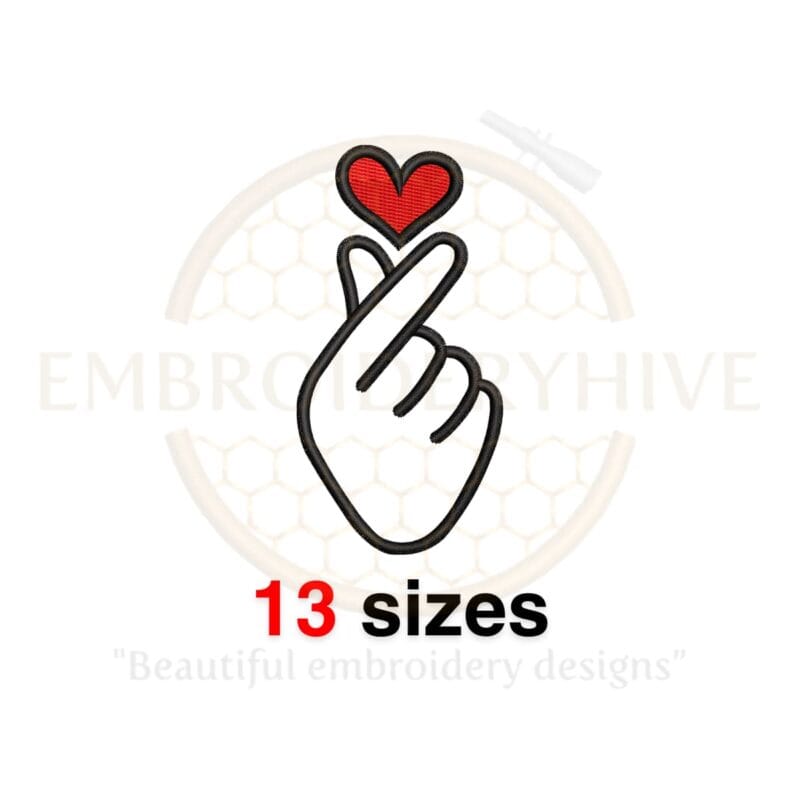 Korean love sign hand embroidery design in 13 sizes, from 1.5 to 7.5 inches in height, available for machine embroidery.