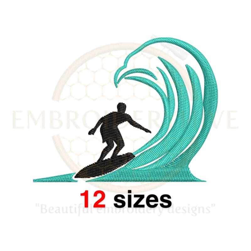 Male surfer silhouette machine embroidery design, available in 12 sizes from 2 to 7.5 inches for surfing-themed embroidery projects.