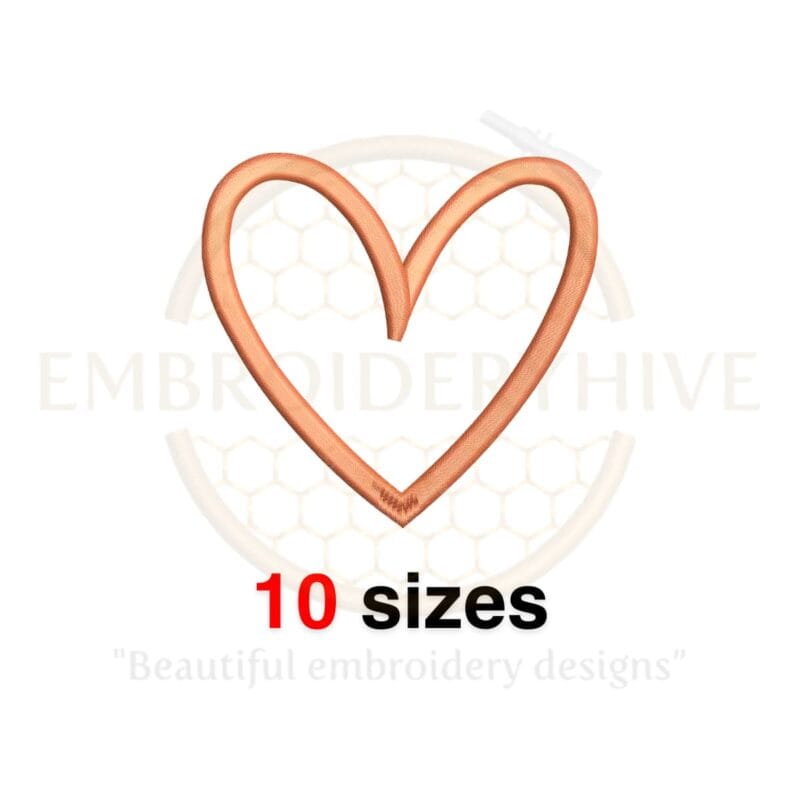 Heart embroidery design available in 10 sizes, from 0.75 to 5 inches in width, ideal for Valentine's Day or love-themed projects.