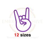 Rock hand sign embroidery design available in 12 sizes, from 2 to 7.5 inches in height, for machine embroidery projects.