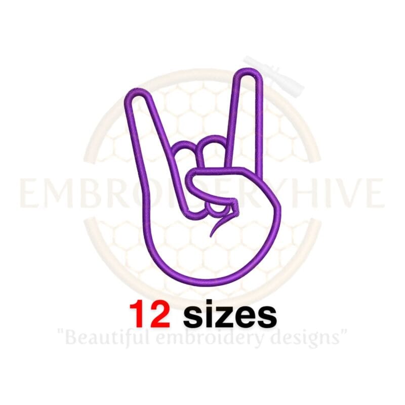 Rock hand sign embroidery design available in 12 sizes, from 2 to 7.5 inches in height, for machine embroidery projects.