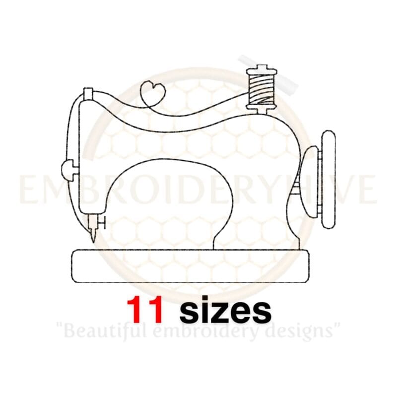 Sewing machine embroidery design in 11 sizes, perfect for stitching creative sewing-themed projects.