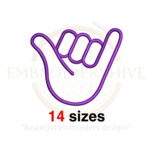 Shaka hand embroidery design in 14 sizes, ranging from 1 to 7.5 inches wide, available for machine embroidery.