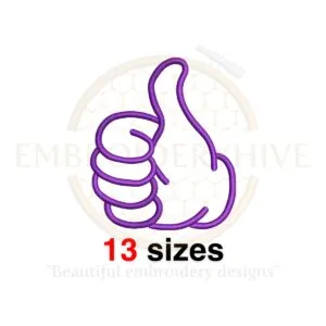 Thumbs up silhouette embroidery design in 13 sizes, ranging from 1.5 to 7.5 inches.