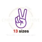 Victory sign hand embroidery design in 13 sizes, ranging from 1.5 to 7.5 inches in height, available for machine embroidery.