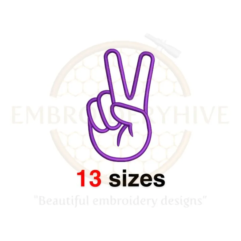 Victory sign hand embroidery design in 13 sizes, ranging from 1.5 to 7.5 inches in height, available for machine embroidery.