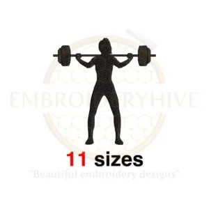 Woman weightlifter embroidery design silhouette, available in 11 sizes for machine embroidery.