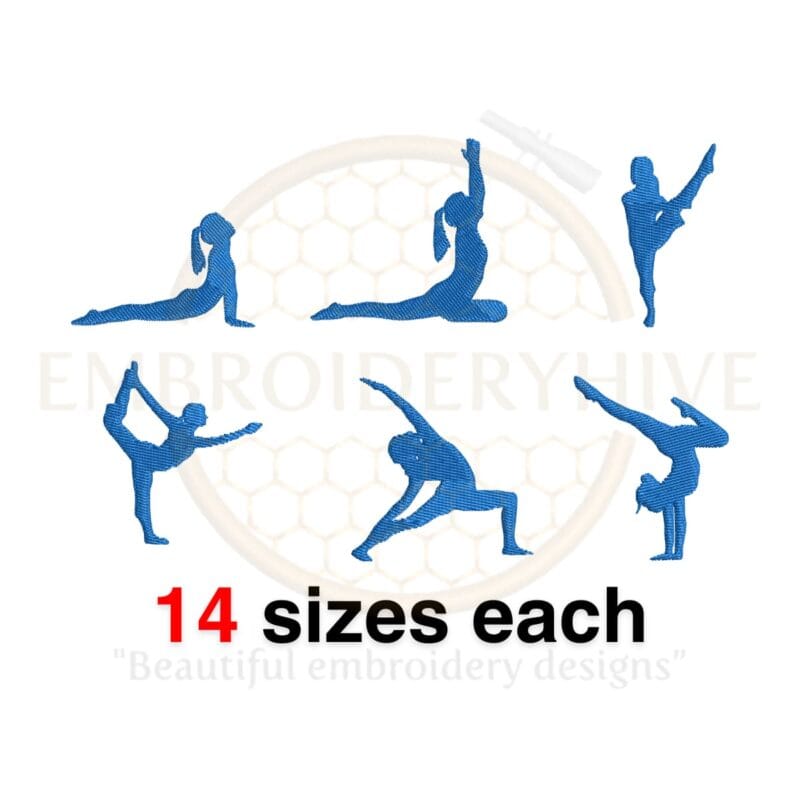 Yoga Poses machine embroidery design bundle with 6 unique yoga silhouettes, available in 14 sizes from 1 to 14 inches for embroidery projects.