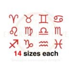 Zodiac signs embroidery set with 12 unique designs in 14 sizes, ranging from 1 to 14 inches, perfect for astrological projects.