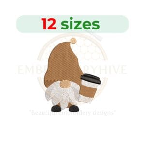 Coffee Gnome Embroidery Design - 12 Sizes from 2 to 7.5 Inches - Machine Embroidery for Coffee Lovers