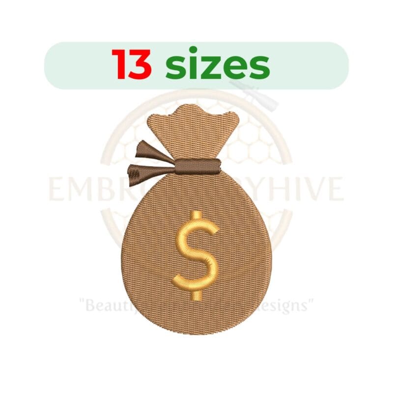 Money bag silhouette embroidery design in 13 sizes for machine embroidery projects