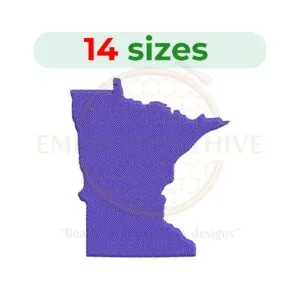Minnesota state map embroidery design with filled stitch, available in 14 sizes from 1 to 7.5 inches in height. Ideal for state-themed embroidery projects.