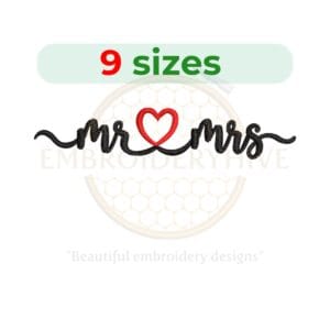 Mr & Mrs embroidery design for weddings and anniversaries, available in 9 sizes ranging from 3.5 to 7.5 inches.