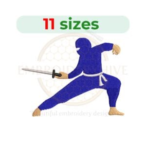 Ninja embroidery design featuring a mini ninja silhouette, available in 11 sizes from 2.5 to 7.5 inches. Perfect for martial arts-themed projects.