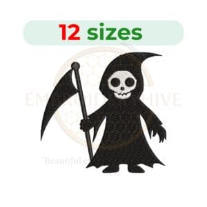 Grim Reaper embroidery design featuring a detailed silhouette, available in 12 sizes ranging from 2 to 7.5 inches.