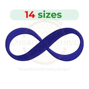 Infinity Symbol embroidery design, available in 14 sizes from 1 to 7.5 inches, ideal for monograms and symbolic designs.