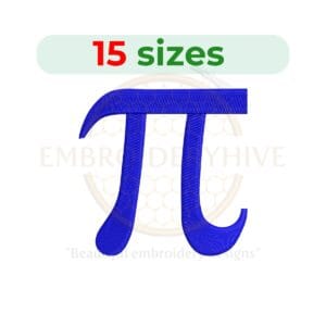 Pi symbol embroidery design in 15 sizes, ranging from 0.75 to 7.5 inches, perfect for mathematical and science-themed projects.