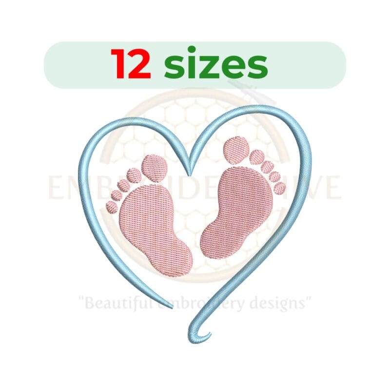 Baby Feet embroidery design in 13 sizes, ranging from 1.5 to 7.5 inches, perfect for newborn baby-themed projects.