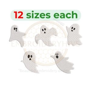 Set of 5 spooky ghost embroidery designs for Halloween, available in 12 sizes from 2 to 7.5 inches in height, perfect for Halloween-themed projects.