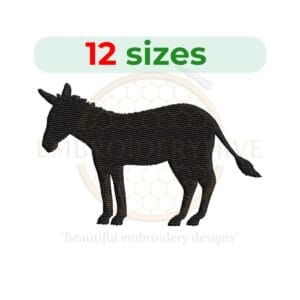 Donkey embroidery design featuring a silhouette of a donkey, available in 12 sizes for farm-themed projects.