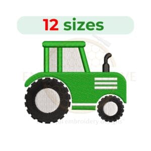 Tractor embroidery design featuring a farm tractor in filled stitch, available in 12 sizes from 2 to 7.5 inches in width.