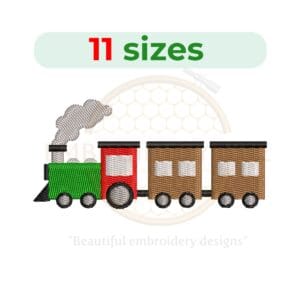 Train embroidery design featuring a silhouette of a train, available in 11 sizes from 2.5 to 7.5 inches in width.