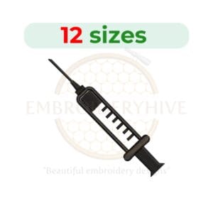 Syringe embroidery design featuring a silhouette of a syringe, available in 12 sizes from 2 to 7.5 inches in height.