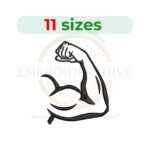 Biceps embroidery design featuring a silhouette of a flexed muscle arm, available in 11 sizes from 2.5 to 7.5 inches in height.