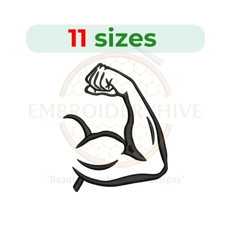 Biceps embroidery design featuring a silhouette of a flexed muscle arm, available in 11 sizes from 2.5 to 7.5 inches in height.