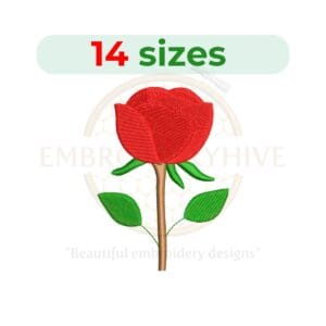 Rose flower embroidery design available in 14 sizes from 1 to 7.5 inches, perfect for floral and summer-themed embroidery projects.