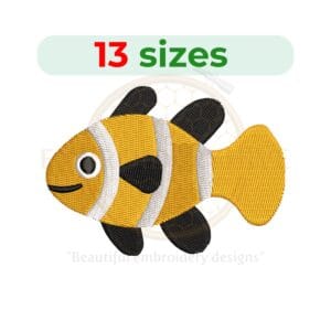 Clown fish embroidery design in 13 sizes from 1.5 to 7.5 inches, featuring a fill stitch silhouette perfect for ocean-themed projects.