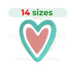 Boho heart embroidery design in 14 sizes from 0.75 to 4 inches, featuring a heart silhouette with fill stitching for boho-inspired projects.