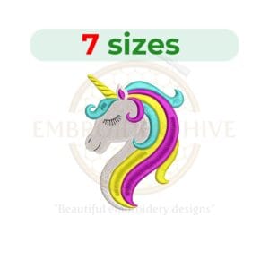 Unicorn embroidery design featuring a unicorn silhouette in 7 sizes from 2 to 5 inches in height with fill stitching, ideal for whimsical embroidery projects.