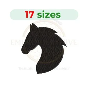 Horse head embroidery design in silhouette style, available in 17 sizes, perfect for animal-themed embroidery projects.