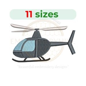 Helicopter embroidery design in silhouette style, available in 11 sizes, perfect for transportation-themed embroidery projects.