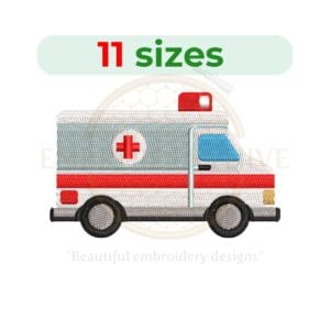 Ambulance embroidery design in silhouette style, perfect for medical and emergency-themed embroidery projects, available in 11 sizes.