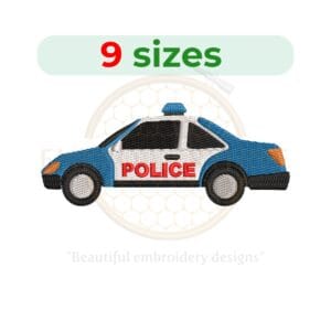 Police car embroidery design available in 9 sizes, perfect for transport-themed projects. Compatible with various embroidery machine formats.