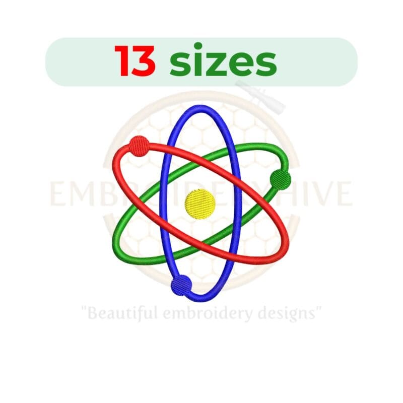 Atom embroidery design available in 13 sizes, perfect for science-themed projects. Formats include DST, EXP, JEF, PES, and more.