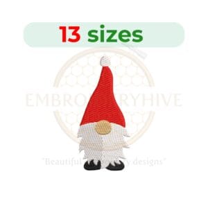 Gnome embroidery design, available in multiple sizes. Perfect for Christmas projects and machine embroidery applications.